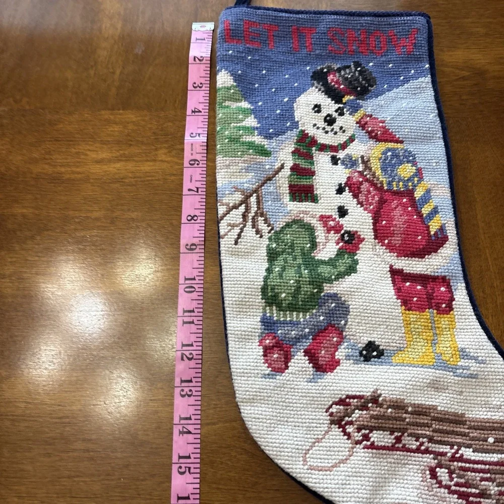Snowman Children Winter‎ Yarn Needlepoint Christmas Stocking Blue Velvet